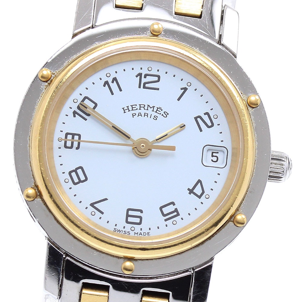 エルメス HERMES CL4.220 クリッパー デイト クォーツ レディース 保証書付き_917230【中古】