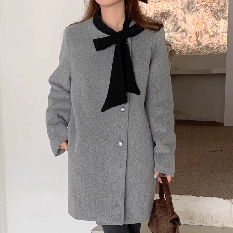 ゆったり　レトロ　リボンウールジャケット　可愛いレディースアウター