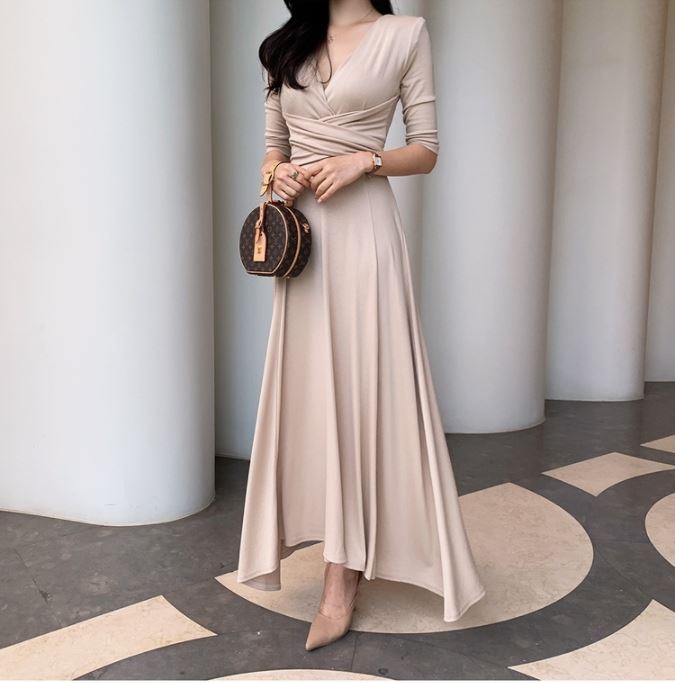 きれいめ レディース ファッション 数量限定 上品 ワンピース ロング カシュクール 無地 五分袖