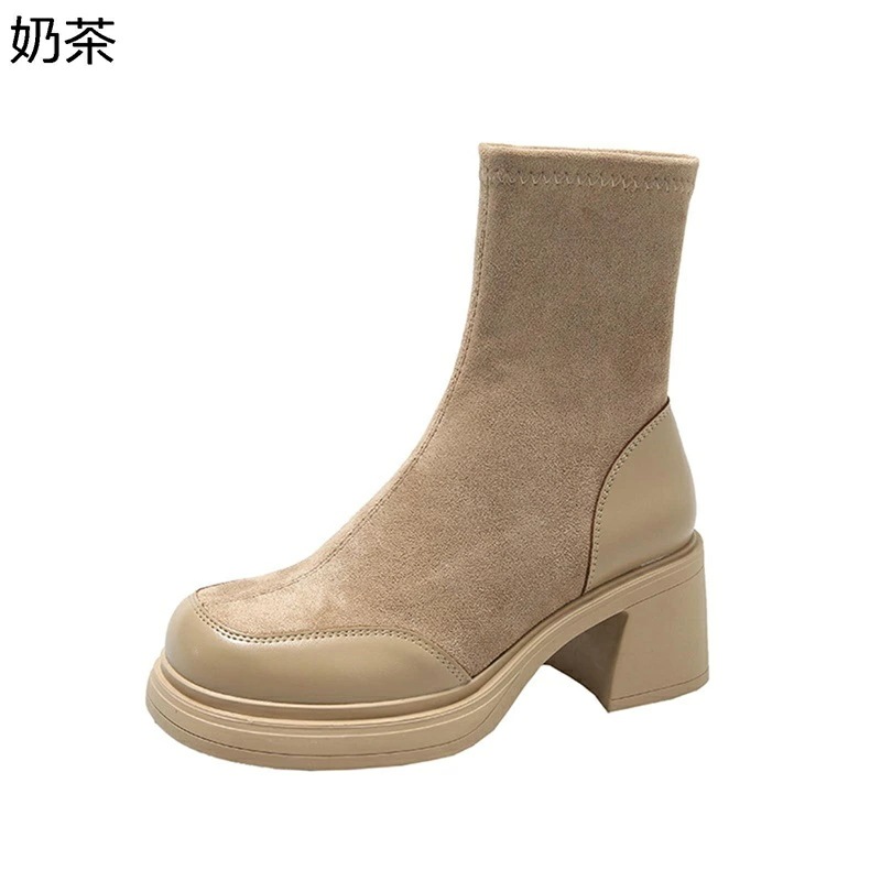 レディース ショートブーツ スエード ハイヒール 粗いかかと ラウンドトゥ 切り替え 無地 シンプル オシャレ 美脚 流行 カジュアル 速乾性 撥水 秋靴 冬靴 通勤 オフィス 日常 外出