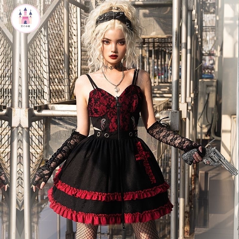 オリジナル黒赤素ギャルダークフロントファスナー開き胸当て付きロングスカート秋