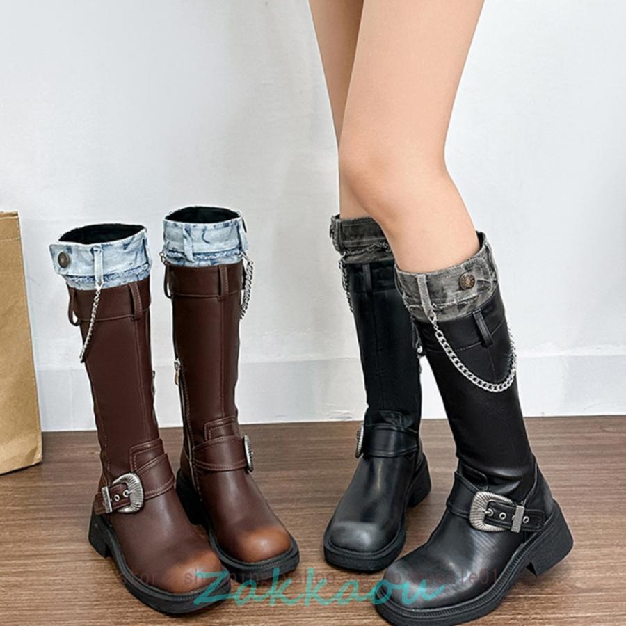 【人気N0.1 急速出荷】 ロングブーツ レディース ローヒール 厚底 エンジニア サイドシッパー エンジニアブーツ 黒 コスプレ バックル ローヒール 美脚 ロング 太ヒール 歩きやすい