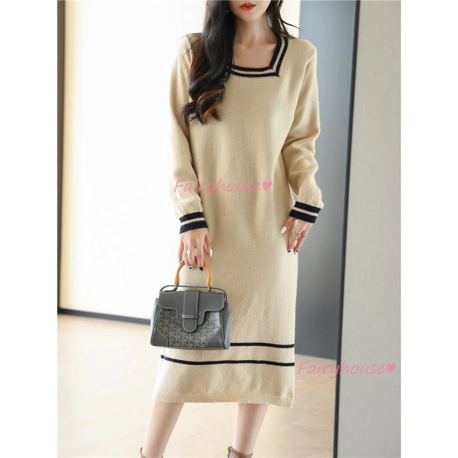 ニット レディース 40代 きれいめ ロング 秋冬 長袖 ボーダー柄 ストレートスカート オシャレ韓国風 大人セーター