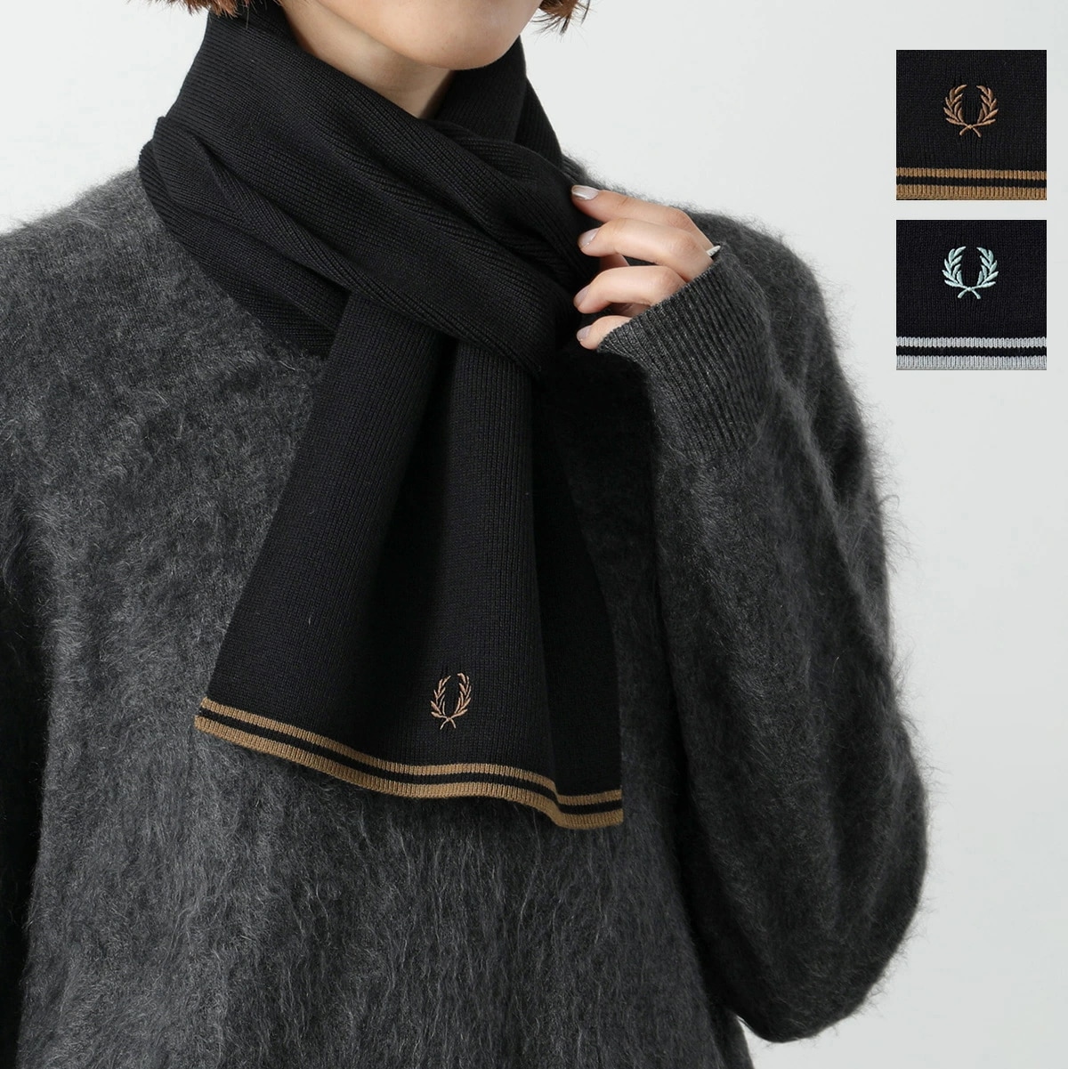 FRED PERRY フレッドペリー マフラー Twin Tipped Merino Wool Scarf C9152 レディース メンズ ウール混 ニット ローレルリース刺繍 カラー2色