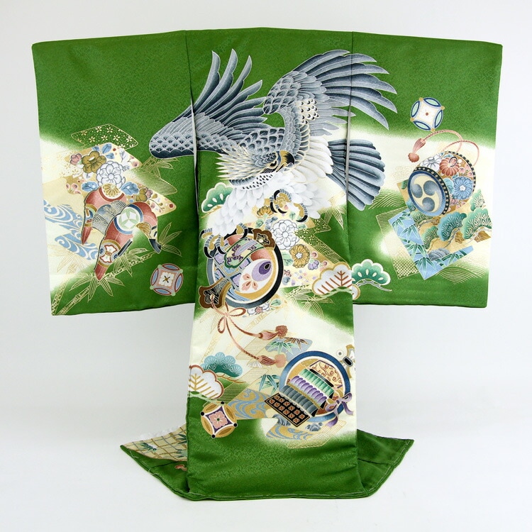 レンタル お宮参り 男の子 着物 レンタル 緑地に鷹と小槌籠手矢太鼓蔵お宮参り レンタル 衣装 男児 祝着　初着 産着 レンタル衣装 グリーン