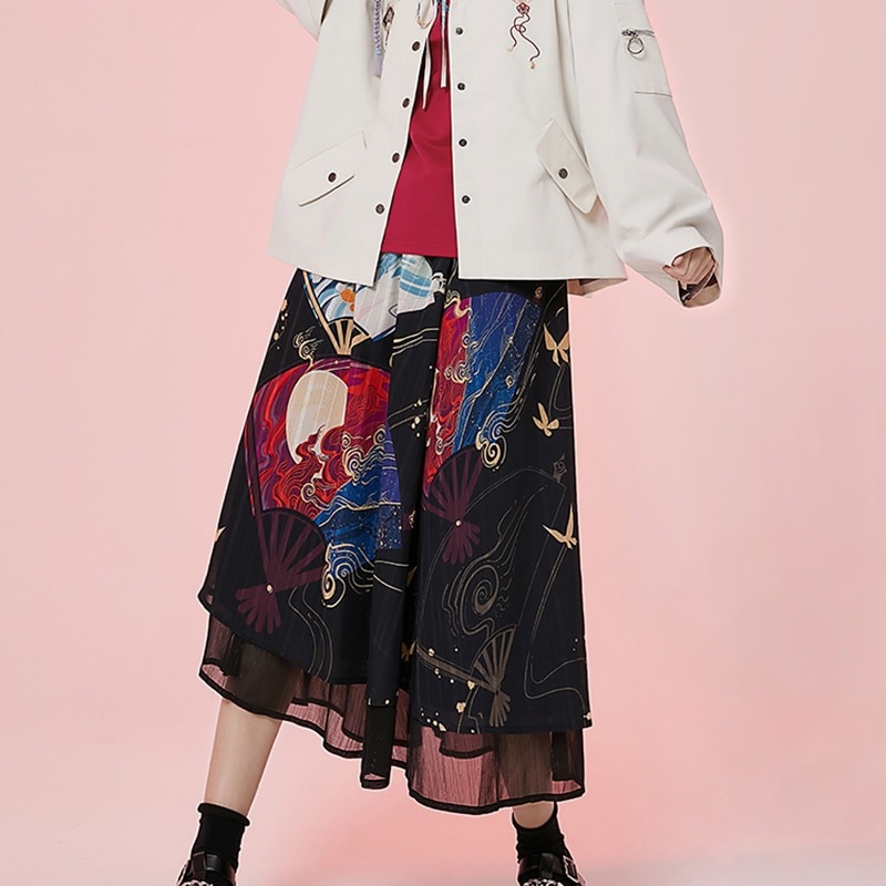 シフォンスカート 春夏 3層 インナー付 フレア ウエストゴム ロング プリント 不規則裾