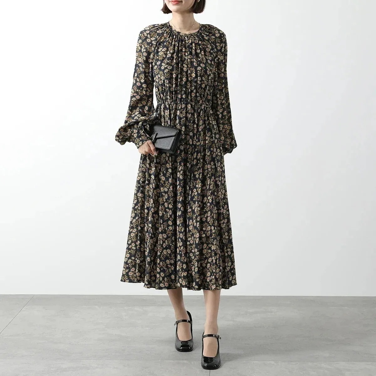 N21 ヌメロヴェントゥーノ ワンピース H103 5549 レディース ドレス シフォン フレア プリーツ ロング丈 シルク ラウンドネック フラワー 総柄 【mega】