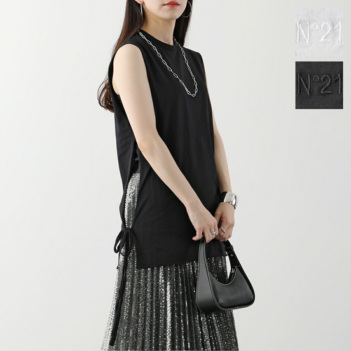 N21 ヌメロヴェントゥーノ トップス N1M0 F081 4157 レディース ノースリーブ Tシャツ レイヤード カットソー サイドリボン ロゴ刺繍 カラー2色 6,804円
