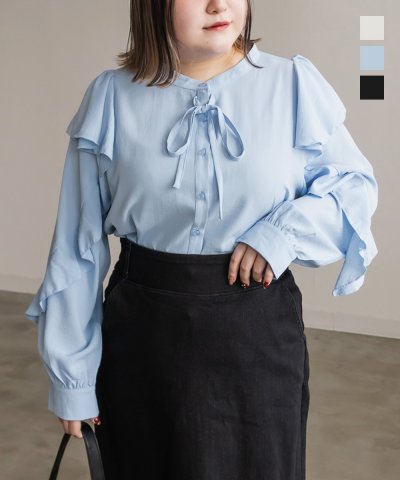 大きいサイズ レディース LL 3L 4L XL XXL XXXL CLETTEオリジナルリボン付き2WAYフリルブラウス
