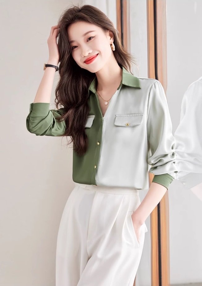 春 スタイル スタイル デザイン センス ヒットカラー スプライシング シャツ フェミニン シフォン シャツ 個性的 トップス シャツ 袖あり 長袖 Vネック 襟付き きれいめ シンプル カジュアル