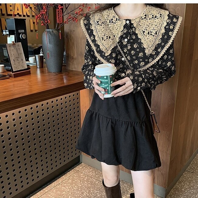 レディース シャツ レトロシャツ パッチワーク風 編み込み フリル 襟付き 長袖 フラワーデザイン