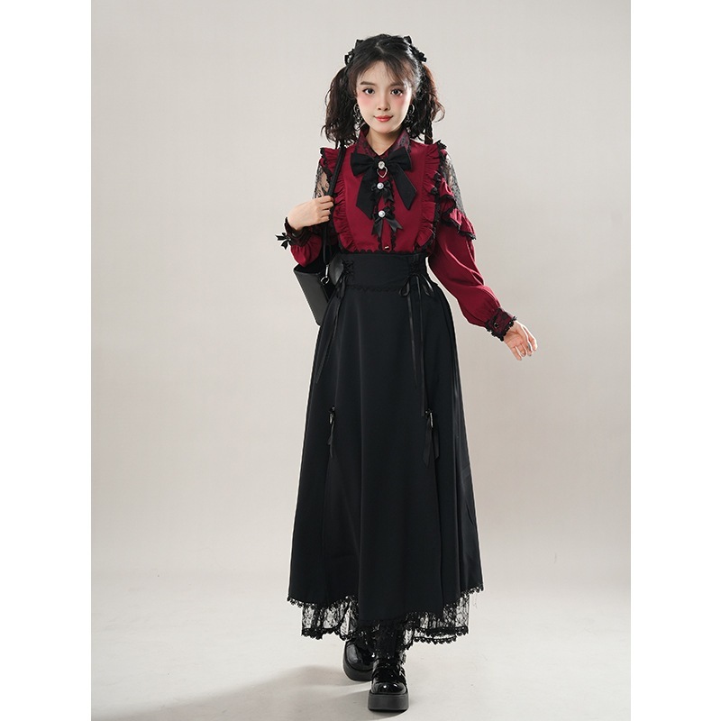 低身長レースワインレッドシャツ+黒半身スカート一着Lolita