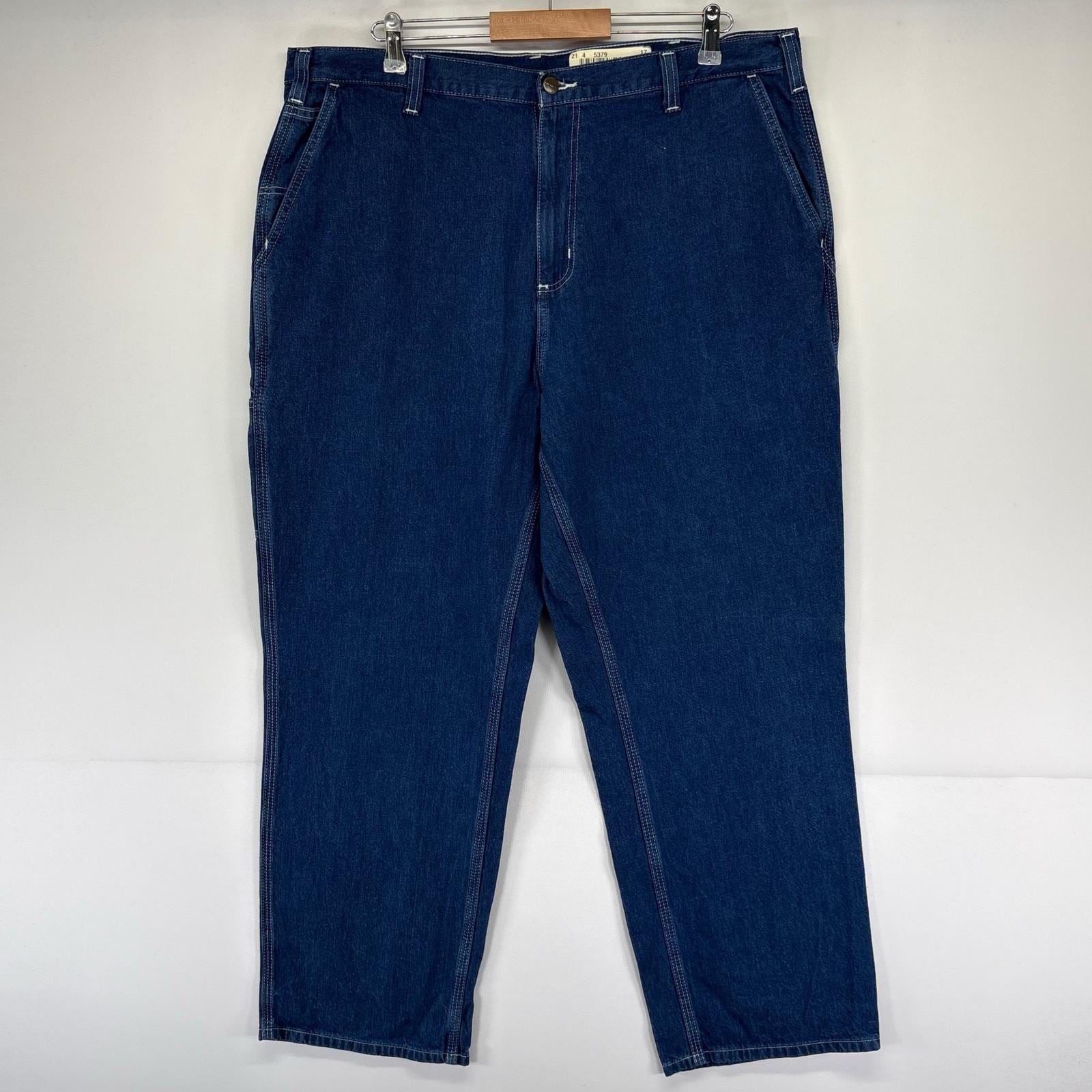 古着 デニム パンツ 大きいサイズペインターパンツ ワンポイントロゴ ワーク W40 L30 ブルー系 メンズ
