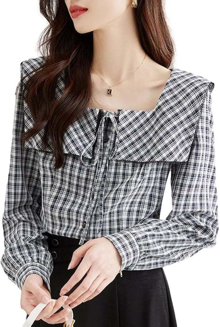 ビッグカラーブラウス ギンガムチェック リボン 前ボタン 長袖 スクエアネック モノクロ ポリエステル素材 春物 きちんと見え 代 出勤 お洒落 JS93(XL)