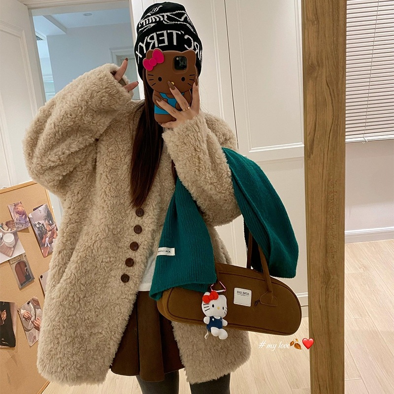 韓国風Vネック 細身効果 100%羊毛 ミドル丈 ラムファー 毛皮一体 ファーコート