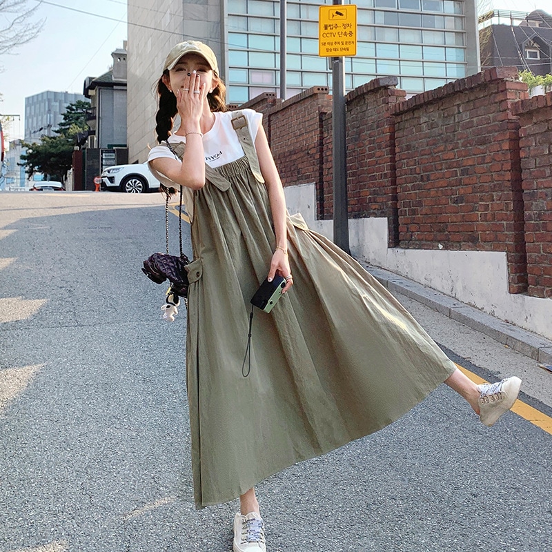 カーキワークスタイルストラップワンピースセット女性ロング2024夏新作緩い年齢削減ワンピースツーピース