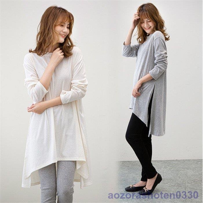 レディース 長袖Tシャツ Tシャツワンピース ロングTシャツ ブラウス 韓国 ファッション スリット