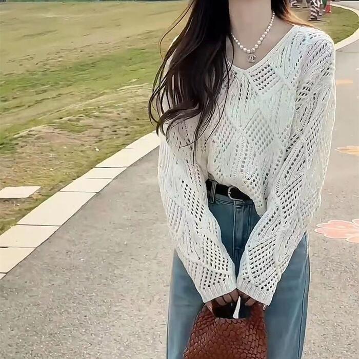 トップス ニット クロシェ 透かし編み セーター カットソー Tシャツ ローゲージ レディース エレガント 大人 可愛い きれいめ カジュアル フェミニン 長袖 プルオーバー 透け感 レイヤード ベー