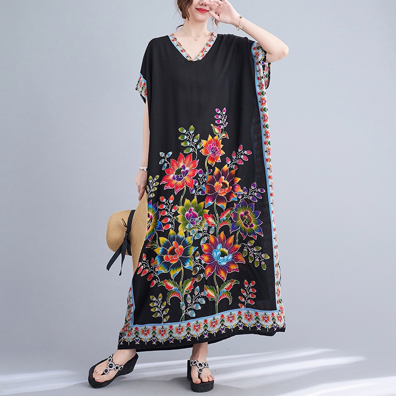 綿シルクドレス 新作 夏 半袖 ドレス ゆったり ビッグシルエット レトロ 大柄花柄 エスニック Vネック ロングドレス エレガント ドレッシー レディース シック ハイウエスト
