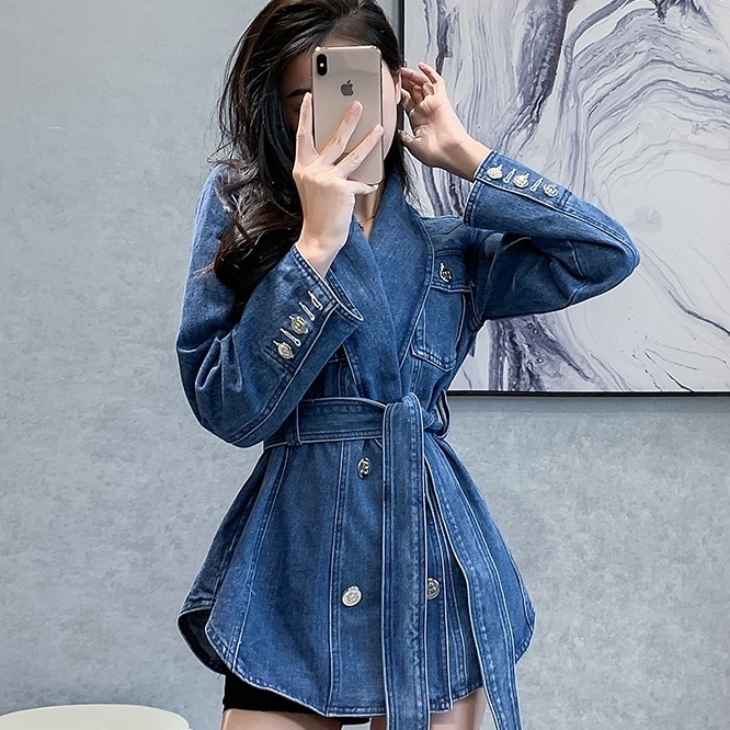 アウター ジャケット 上着 ロング ロング丈 袖あり 長袖 Vネック ベルト ウエストマーク 前開き デニム ブルーデニム きれいめ シンプル 大人 上品 おしゃれ お洒落 かっこいい レトロ