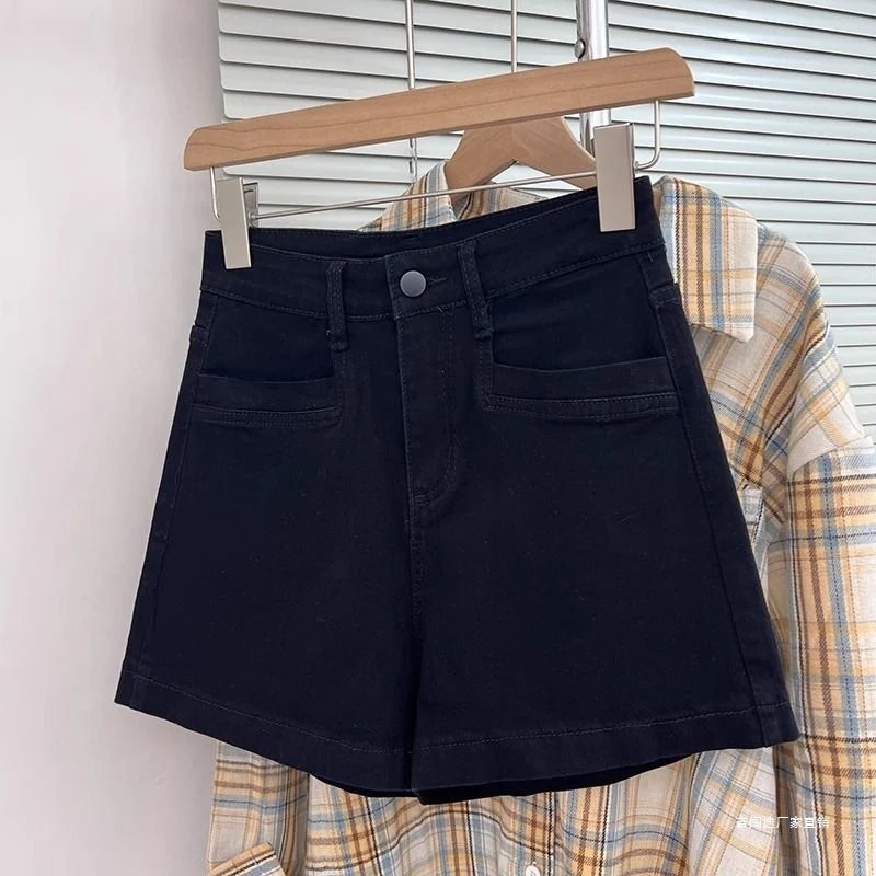 プラスサイズ ストレッチ ブラック ハイウエスト デニム ショートパンツ レディース夏 薄手 ルーズフィット スリミング ワイドレッグ ホットパンツ
