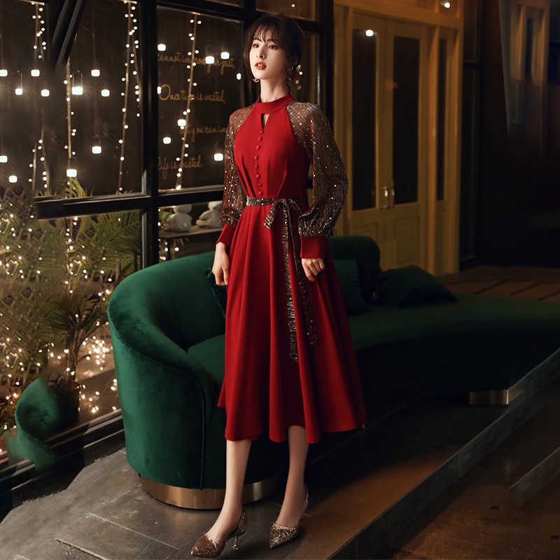 ドレス ワンピース パーティードレス ひざ丈 膝下 袖あり 長袖 Aライン 切り替えデザイン ドッキング 透け感 シースルー 異素材MIX かわいい 大人可愛い きれいめ 上品 おしゃれ お洒落