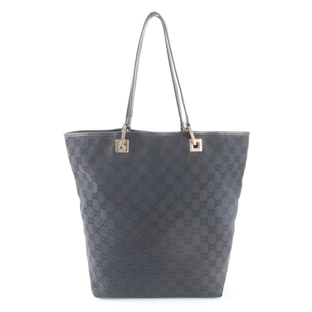 美品 GGキャンバス 002 1098 レザー×キャンバス トート バッグ 肩掛け ショルダー ハンド ブラック 黒 A4 レディース RIM ED46-4 中古