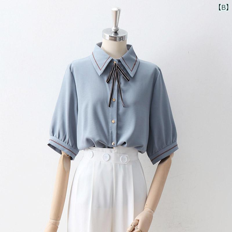 レディース シフォンシャツ ブラウス 五分袖 半袖 夏 白 薄青 アプリコット 黒のステッチループリボン 蝶結び シャツ襟 茶の刺繍ステッチ装飾 フレンチシック レトロ 優雅 フェミニン 華やか