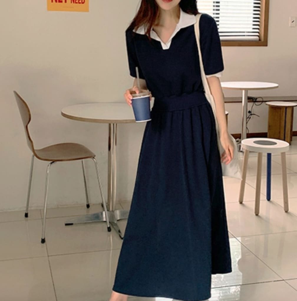 ワンピース デート かわいい 大人可愛い きれいめ シンプル カジュアル 大人 上品 おしゃれ 半袖 襟付き ポロシャツ 無地 ネイビー ミドル丈 フレア 通学 学生 休日 公園 ママ 夏 XL モテ