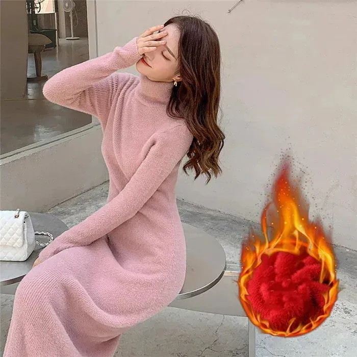 ニットワンピースボアワンピースファーワンピースニットワンピースレディースロングワンピースロング丈大きいサイズタイトワンピースハイネックタイト長袖無地おしゃれ着痩せフォーマル