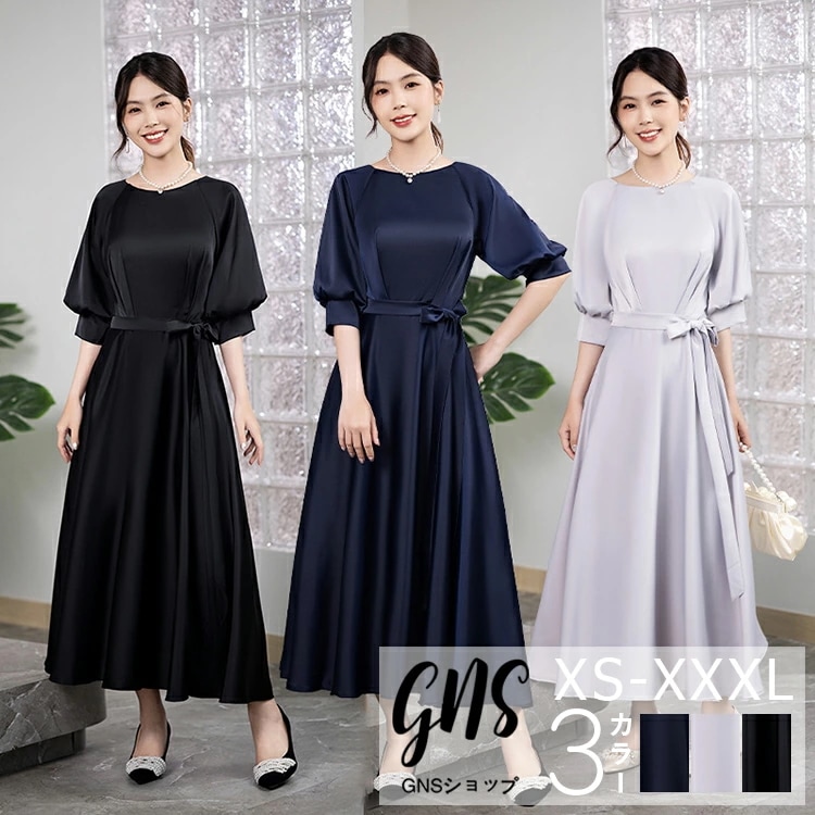 初回限定シフォン パーティードレスな七分袖 ウエストリボン Xライン カクテルドレス 大きいサイズ 韓国 シンプル ミモレ丈 ワンピース 20代 30代 40代 50代 結婚式 二次会 入学式 卒業式