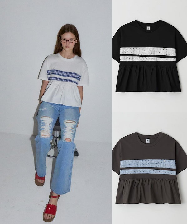 Tシャツ・カットソー RONRON PATCHWORK RUFFLE SHORT SLEEVE T SHIRT WHITE PATCHWORK RUFFLE SHORT SLEEVE T SHIRT WHITE - RONRON 론론