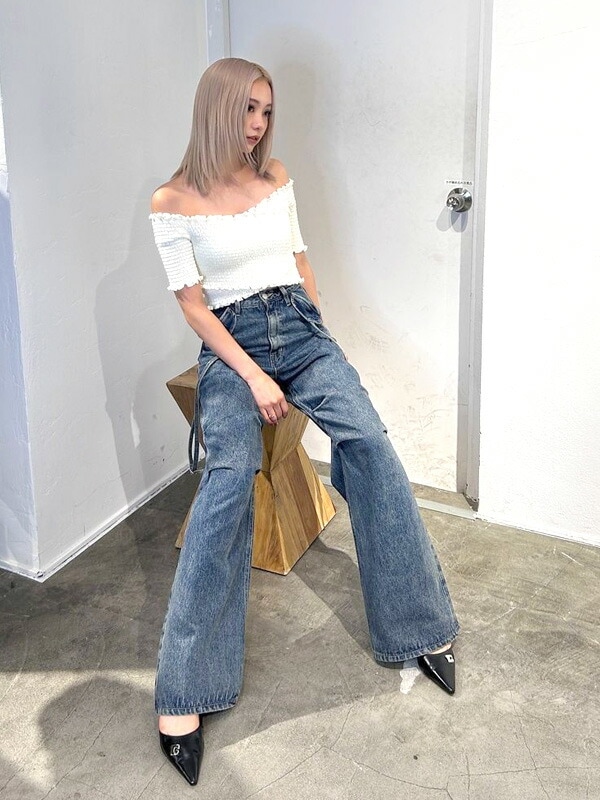 EMODA エモダ デニムパンツ レディース ダブル ベルト ルーズ ジーンズ 美脚 脚長 フレア ワイドジーンズ ワイドデニム 042442470001