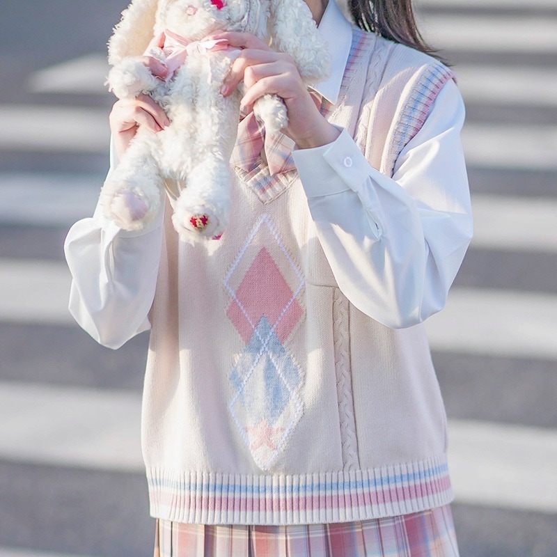 初町野桜ベルベスト日本のJKユニフォームウールニットVネックプルオーバーセーター学生の女の子 母の日-0010102