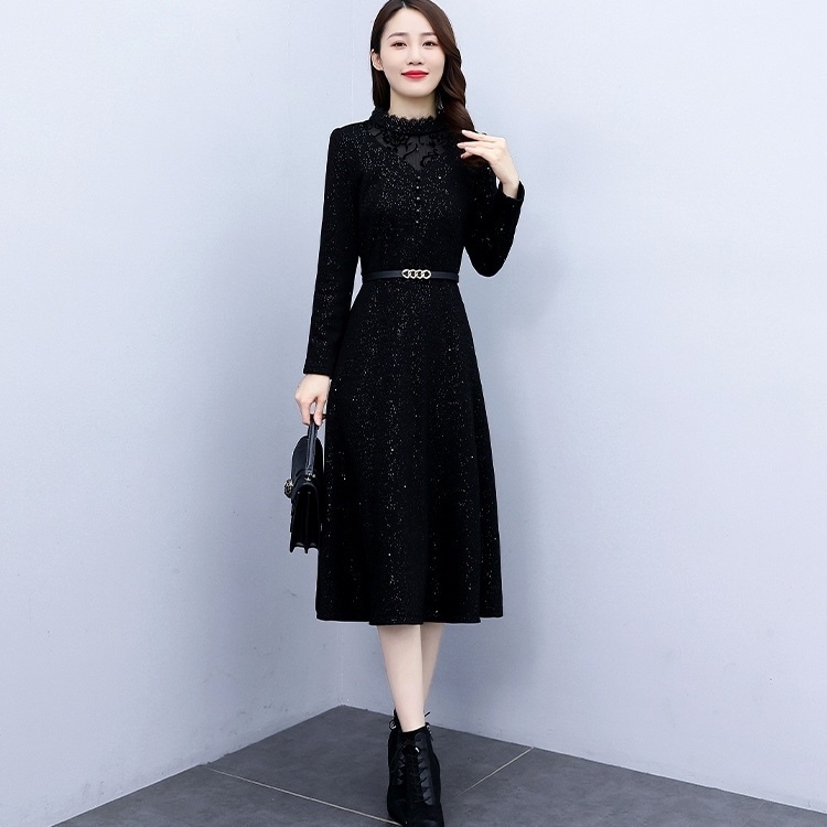 ワンピース フレアスカート 膝丈 ひざ丈 袖あり 長袖 スタンドカラー ハイネック フレア Aライン レース 刺繍 ベロア かわいい 大人可愛い 大人 上品 おしゃれ お洒落 レトロ 大人女子 5,638円