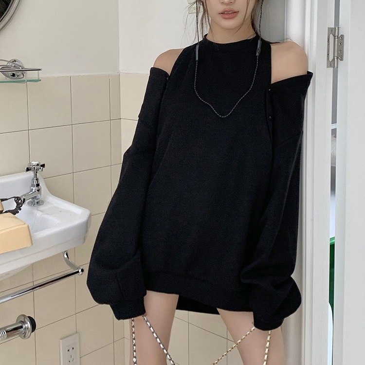 レディース トップス カットソー プルオーバー トレーナー ロング 長袖 Uネック ラウンドネック オフショルダー フェミニン ストリート カットオフ かわいい 大人可愛い シンプル カジュアル