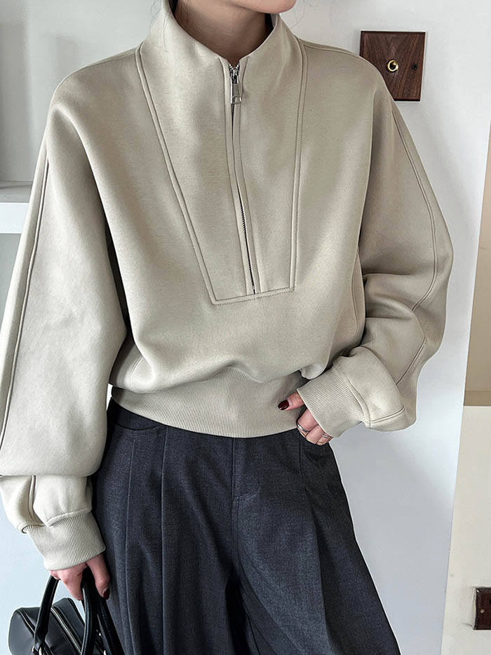 トレーナー レディース 春 秋 冬 ハーフジップ トレーナー トップス 長袖 ゆったり フェミニン 着回し シンプル カジュアル 体型カバー 柔らかい トレンド感 こなれる 上品 お洒落 女性らし