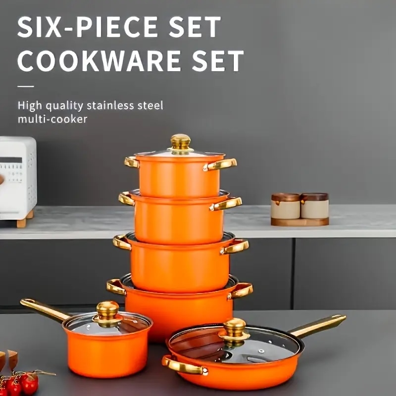 12点セット ガラス蓋付き調理器具 家族向け必須アイテム 大型オレンジスープポット + 両ハンドルフライパン IH/ガス/電気コンロ対応 クリスマス新年引っ越し祝いなどに最なプン