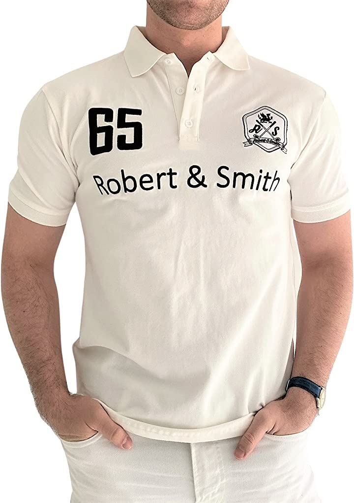 ロバートアンドスミス 100% コットン 定番 ゴルフ ポロシャツ ゴルフウエア 半袖 メンズ 白( ホワイト, L)