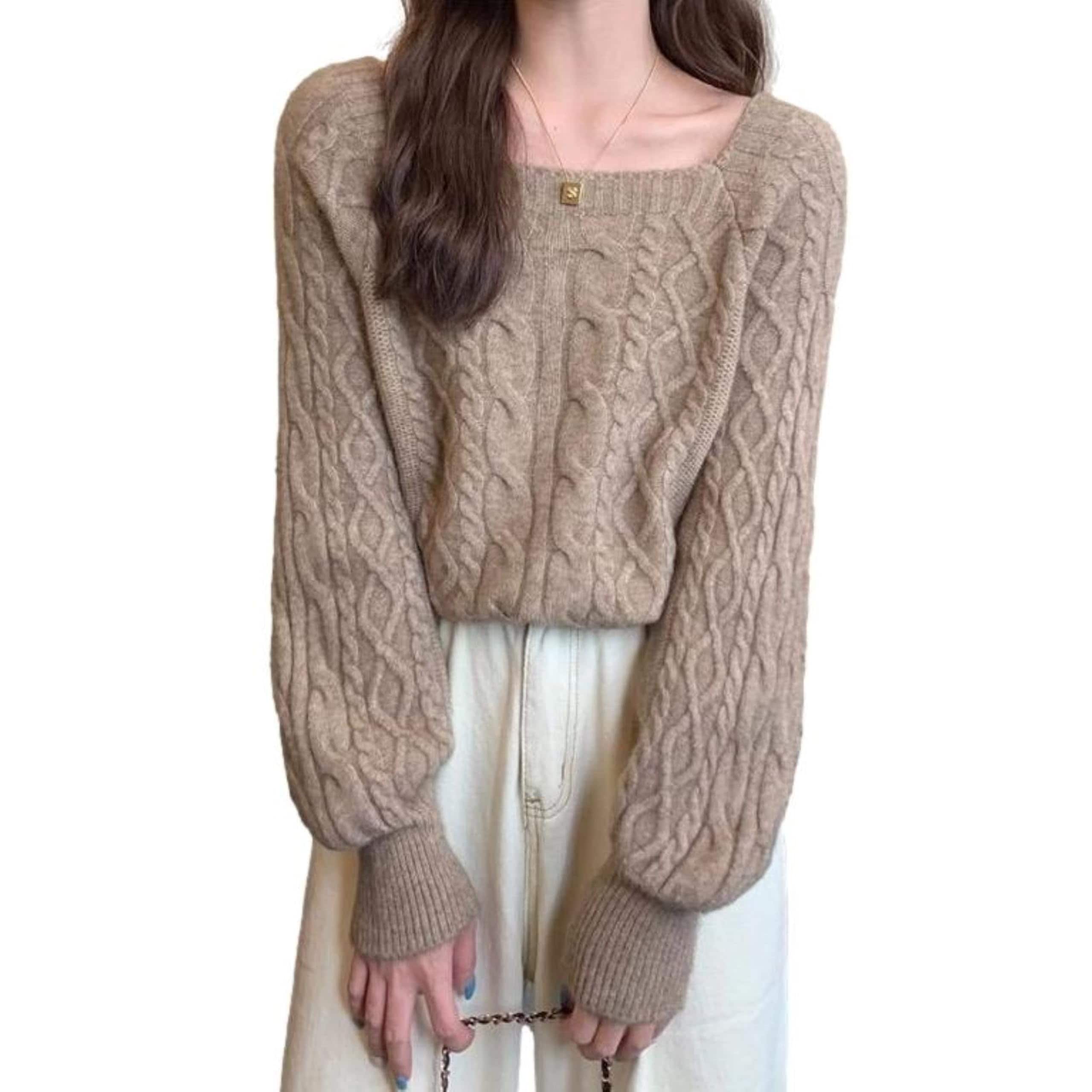 [J-Scott] [ジェイスコット] ニット レディース セーター プルオーバー ケーブル編み スクエアネック パフスリーブ ショート丈 JS125