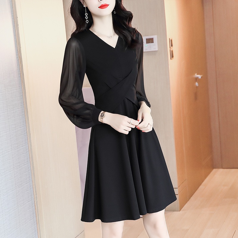 長袖ワンピース ワンピース フレアワンピース ワンピドレス ミニ ミニ丈 袖あり 長袖 Vネック フレア シフォン ウエストマーク ハイウエスト 透け感 かわいい 大人可愛い きれいめ シンプル