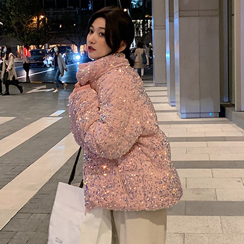 ランキング上位のプレゼント 女性 羽毛ジャケット スパンコール ピンク 21 短いタイプ 綿服 外套 冬服 新型 年 綿入れ ダウンジャケット コート サイズ L Build Standishsmiles Com