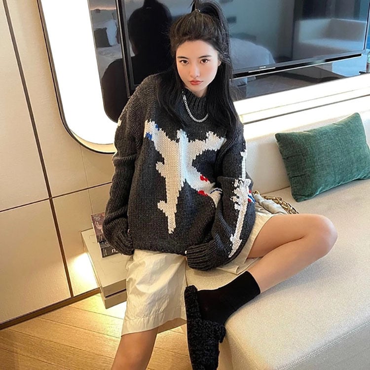 トップス ニットソー セーター 袖あり 長袖 襟付き ニット かわいい 大人可愛い カジュアル おしゃれ 柄 秋 10代 20代 30代 40代 学生 通学 お出かけ 女子会 休日 着回し 普段使い