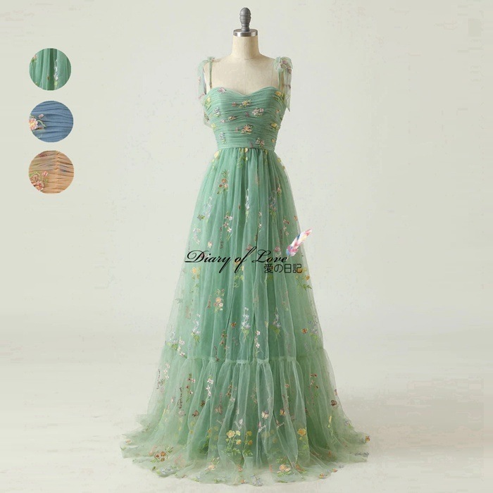 【即納】ウェディングドレス カラードレス Aラインドレス 二次会ドレス 結婚式ドレス 演奏会 グリーン/オレンジ/ブルー ロングドレス ファスナー 森ガール 肩紐 ベアトップ 刺繍入り ウェデ