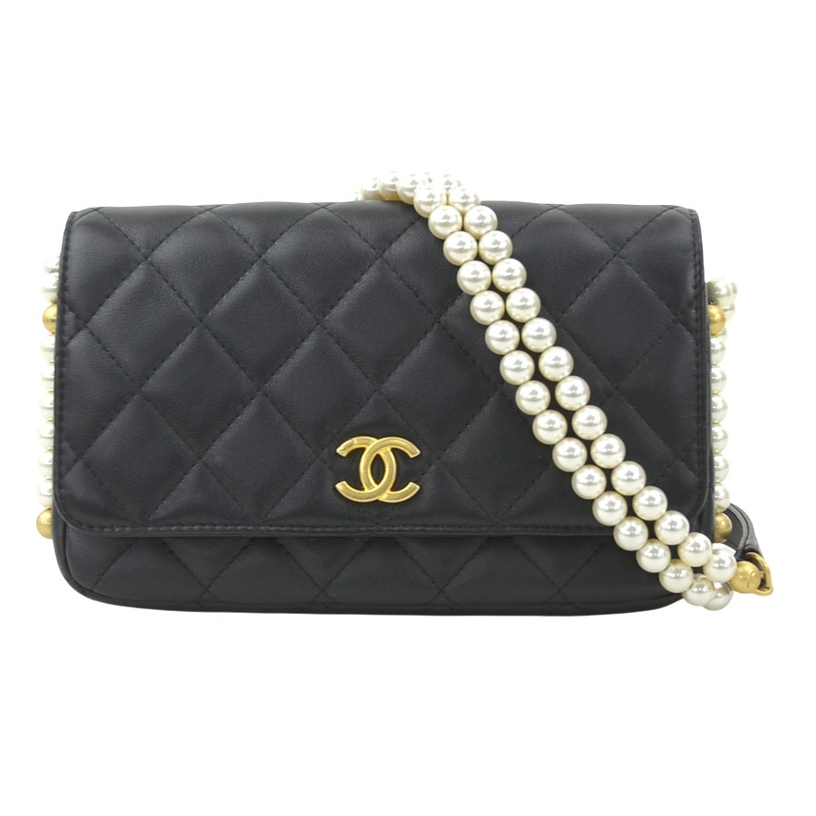 シャネル CHANEL ショルダーウォレット ラムスキン/フェイクパール ブラック ゴールド レディース 90117k