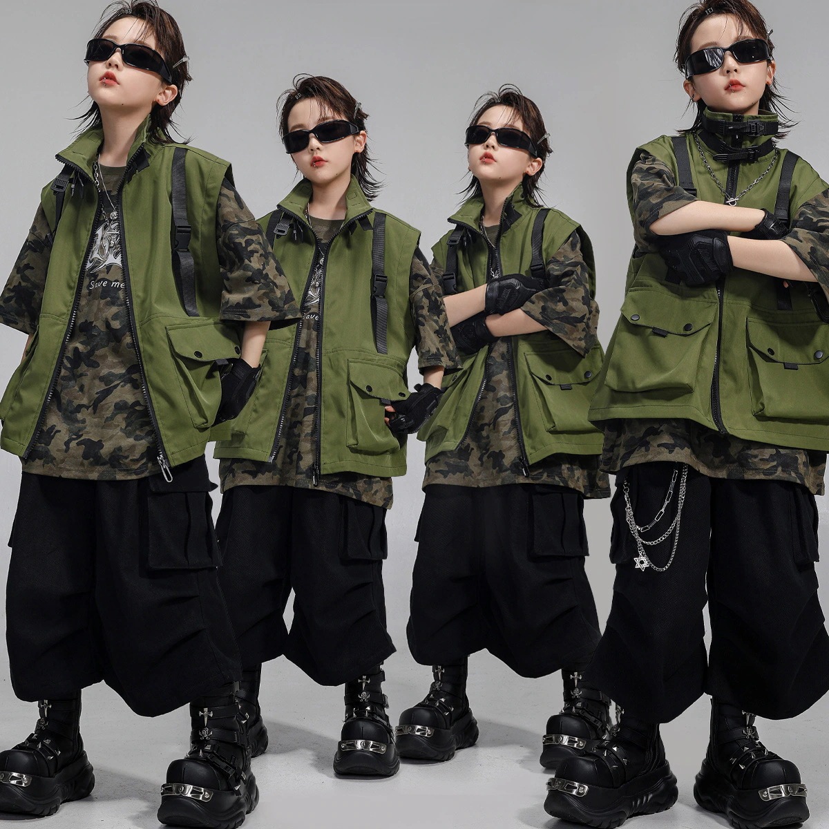 ストリートダンスファッション子供ヒップホップスーツ男の子迷彩ベスト女の子クールハンサム少年ヒップホップは公演服を着て