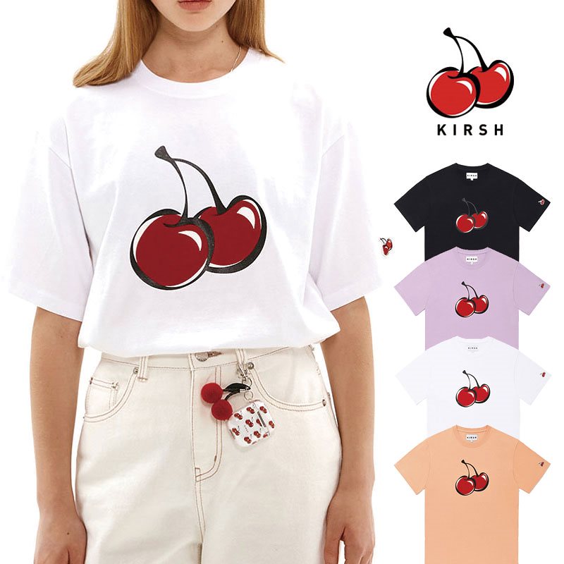 誠実 Kirsh 韓国ファッション メンズ レディース 夏 Uネック Tシャツ さくらんぼ 半袖 T Shirts Cherry Big Tシャツ カットソー カラー ブラック Www Pulse Orange Cm