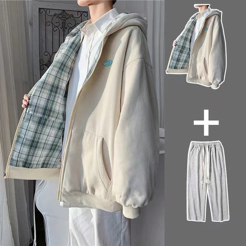 秋冬 メンズ ファッション 上下2点セット ゆったり フード付き パーカートップス コート+カジュアル 百掛け ロングパンツ320001096