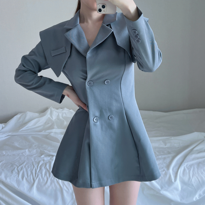 韓国スタイル シティームード ショルダーポイント ツーボタン カラー ミニワンピース(2色)