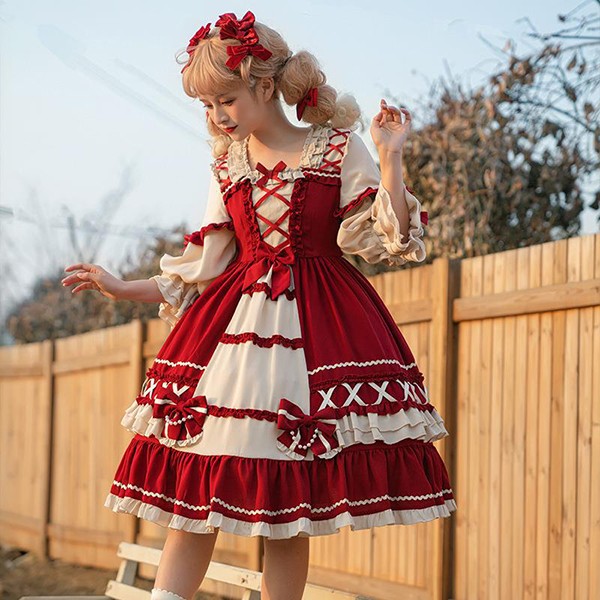 ロリータ 童話のお姫様 ワンピース プリンセス Lolita OP 長袖 通販 文化祭 学園祭 コスプレ衣装 ゴスロリ ゴシック メイド コスチューム アニメ オールシーズン ハロウィンコスチューム